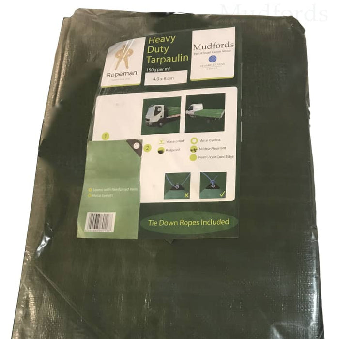Folded heavy duty green tarpaulin in retail packaging, labelled with Mudfords branding, featuring product specifications and usage examples, including tie-down ropes.