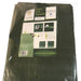 Folded heavy duty green tarpaulin in retail packaging, labelled with Mudfords branding, featuring product specifications and usage examples, including tie-down ropes.